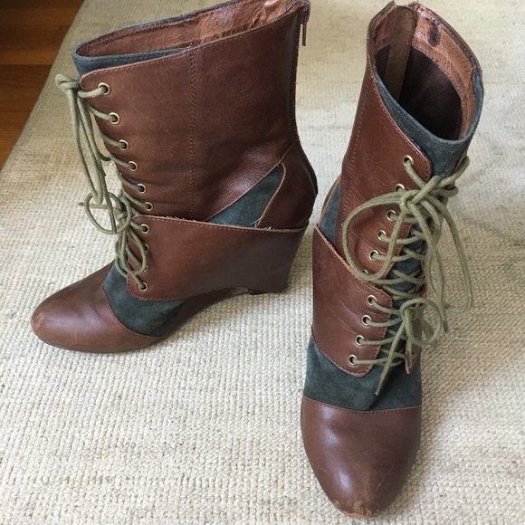 Jeffrey Campbell Steampunk Wedge Boots Brown/Gray -- size 7.5 - Picture 1 of 8
